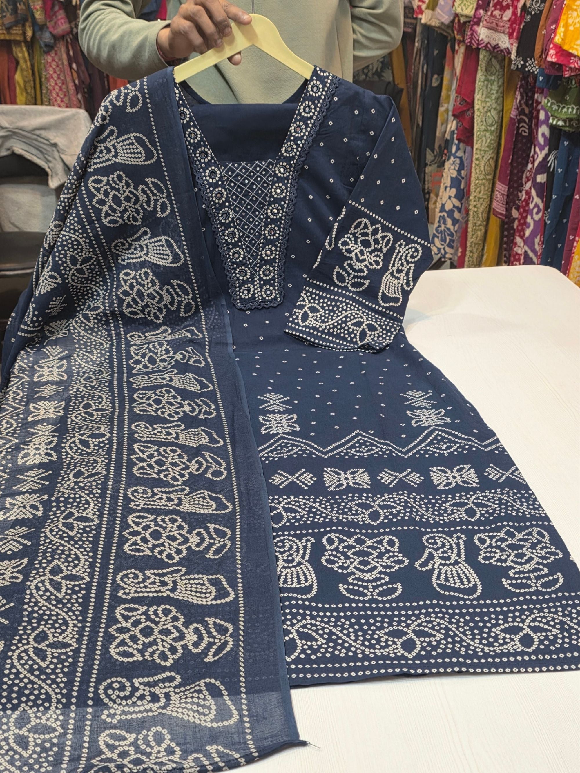 Navy Blue white  Printed Embroidered Cotton 3pc Kurti Set