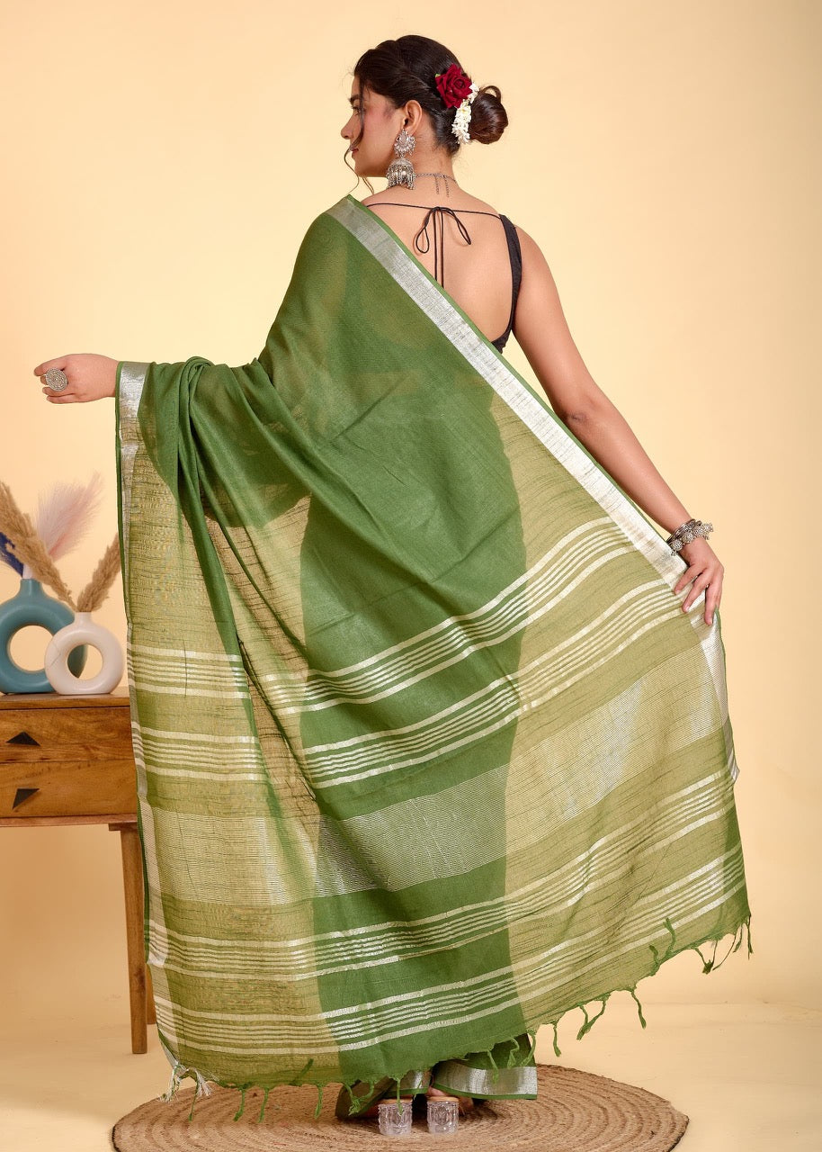 Mehandi Green Linen Saree With Silver Border & Green and white Tassels
