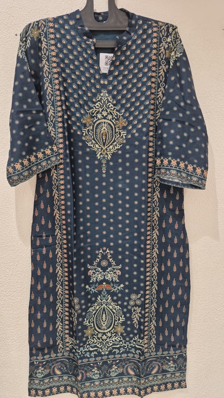 Navy Blue Crepe Silk Hand embroidered kurti Set