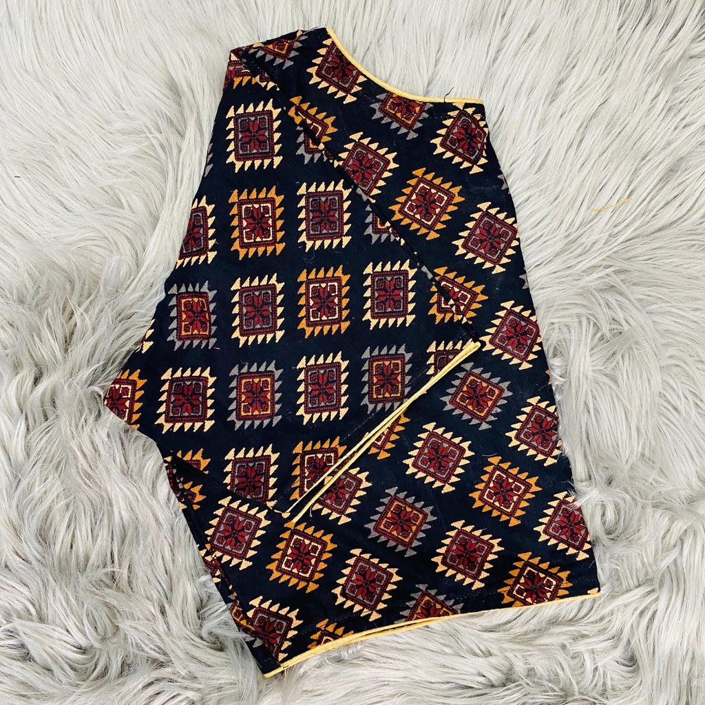 Black &Brown Geometric Printed Cotton Saree Blouse