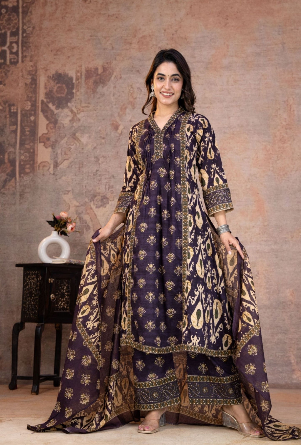 Purple Printed Sequins Embroidered Pure Cotton 3Pcs Kurti Set
