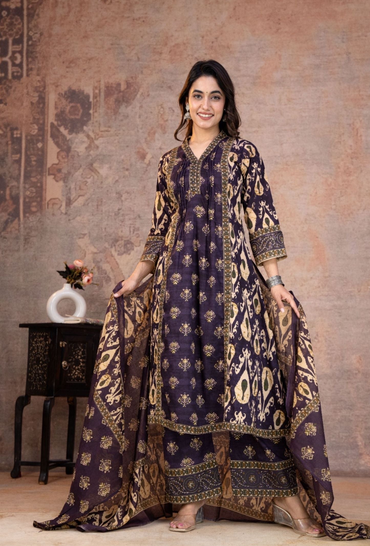 Purple Printed Sequins Embroidered Pure Cotton 3Pcs Kurti Set