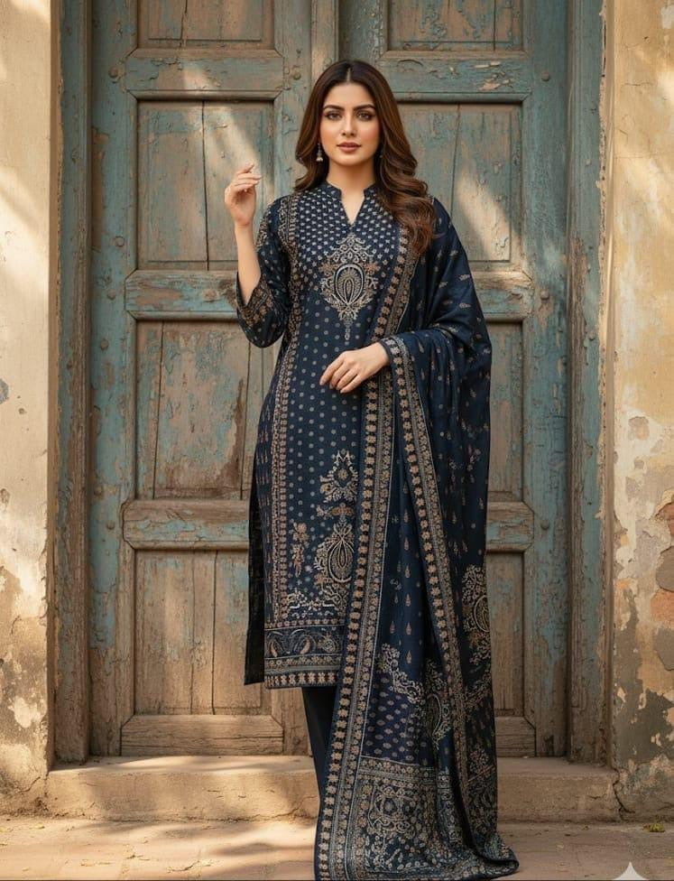 Navy Blue Crepe Silk Hand embroidered kurti Set