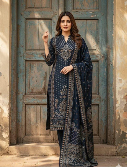 Navy Blue Crepe Silk Hand embroidered kurti Set