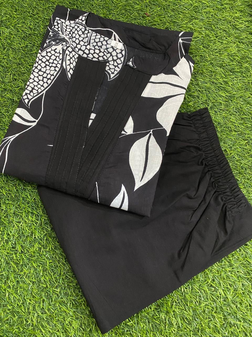 Black White Floral Printed Printed Cotton Kurti Plazoo Set