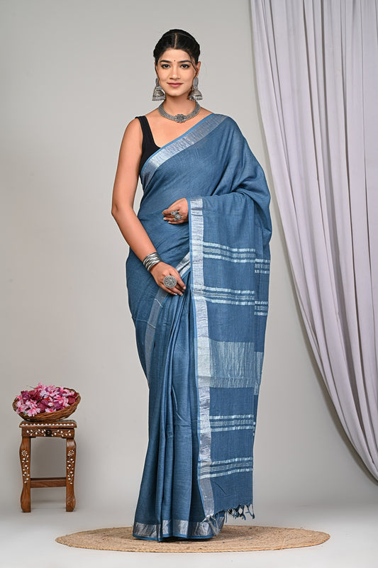 Grey Blue Linen Saree With Silver Border & Blue and white Tassels