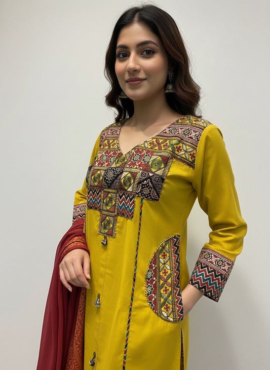 Mustrad Applique Embroidered Pure cotton Kurti Set