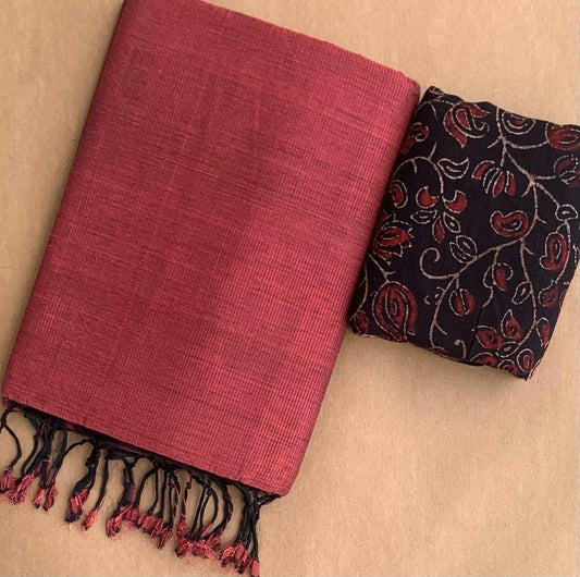 Solid Khadi cotton saree with contrast kalamkari/ajrak blouse piece