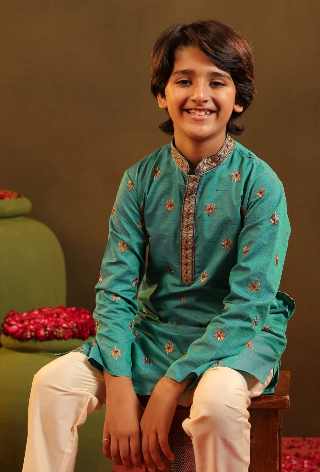 Silk  Embroidered Kurta Pajama Set For Boys