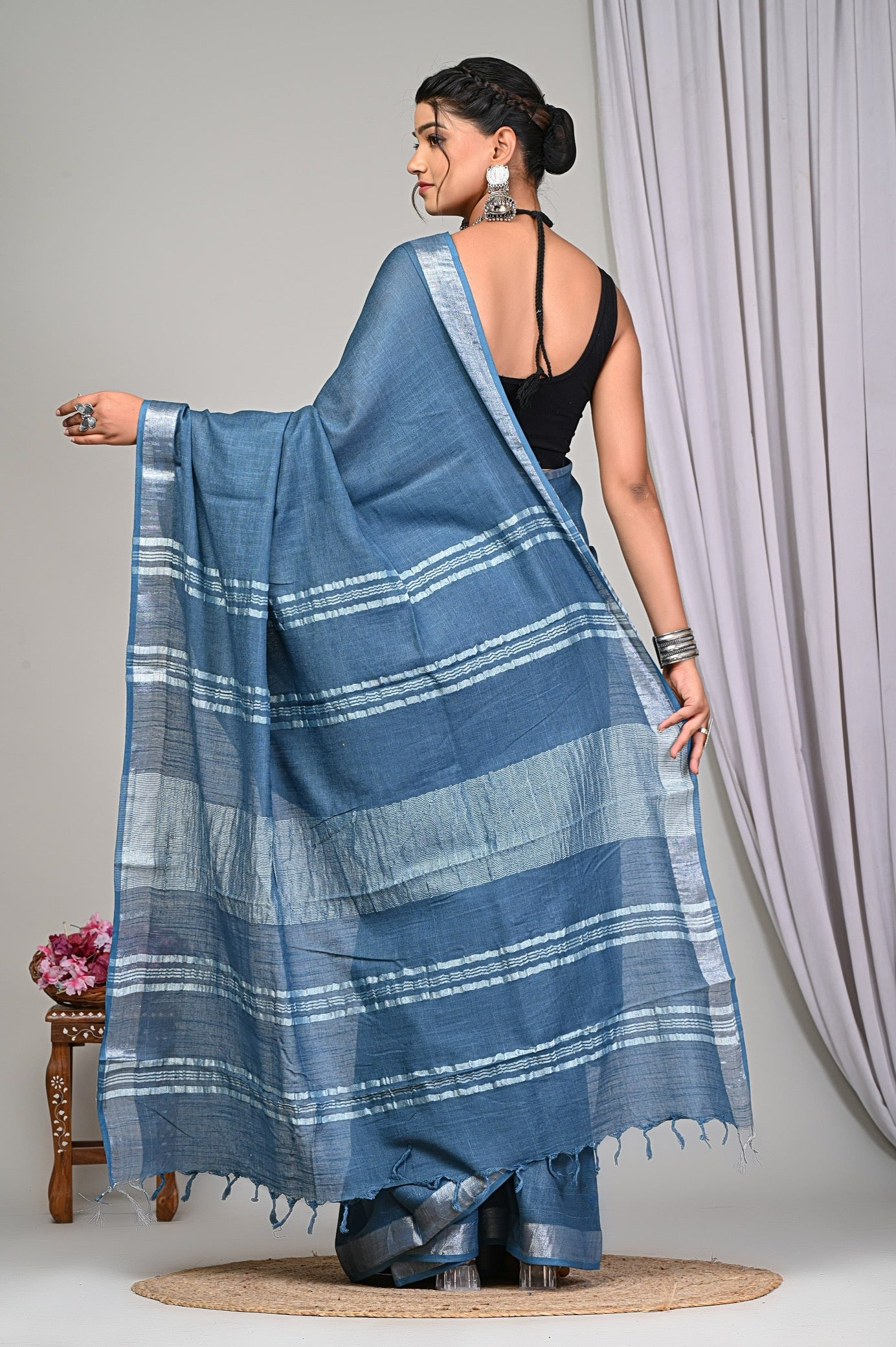 Grey Blue Linen Saree With Silver Border & Blue and white Tassels
