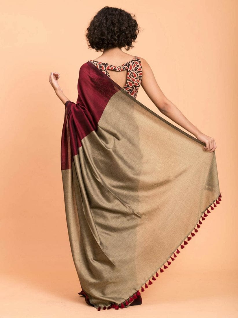 Maroon & Brown Khadi Cotton Saree