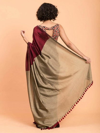 Maroon & Brown Khadi Cotton Saree