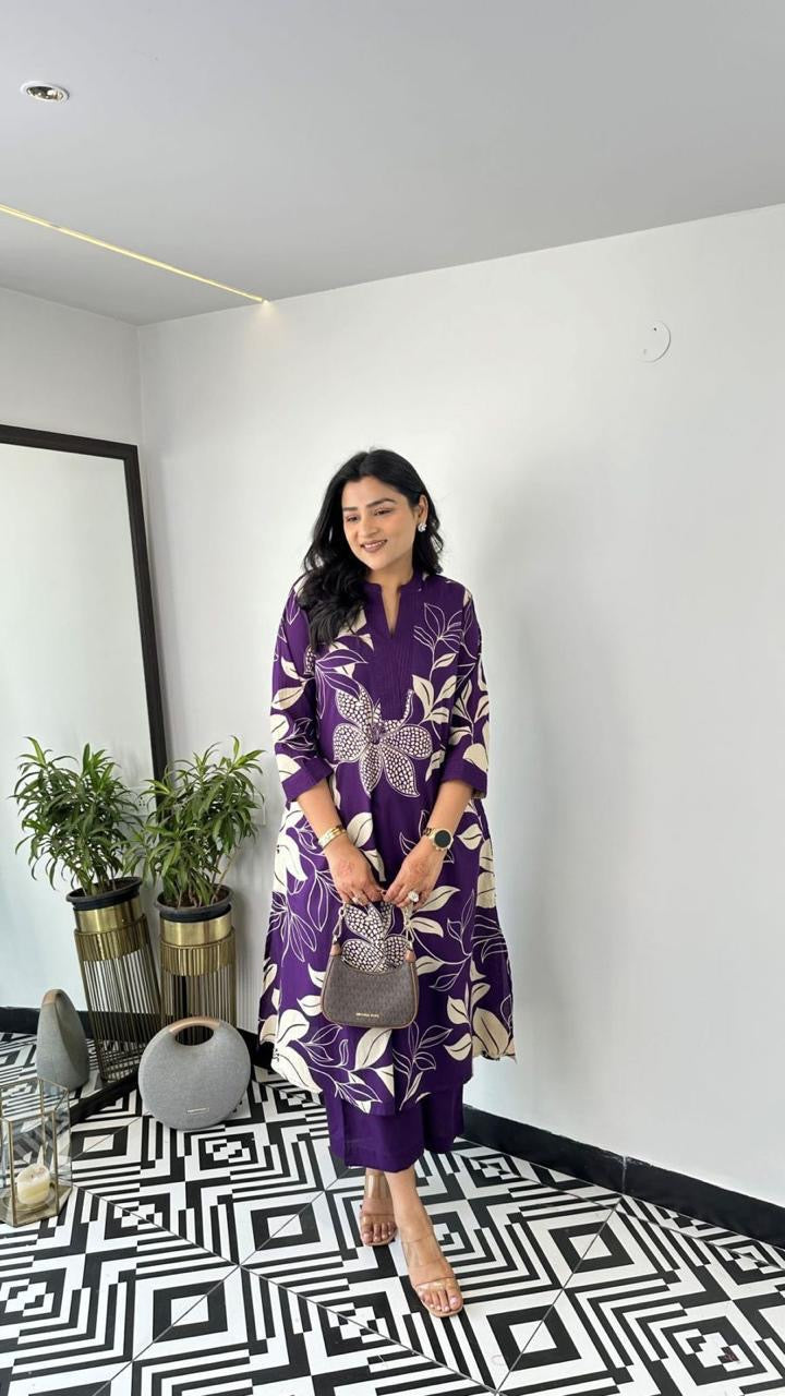 Purple & White Floral Printed Printed Cotton Kurti Plazoo Set