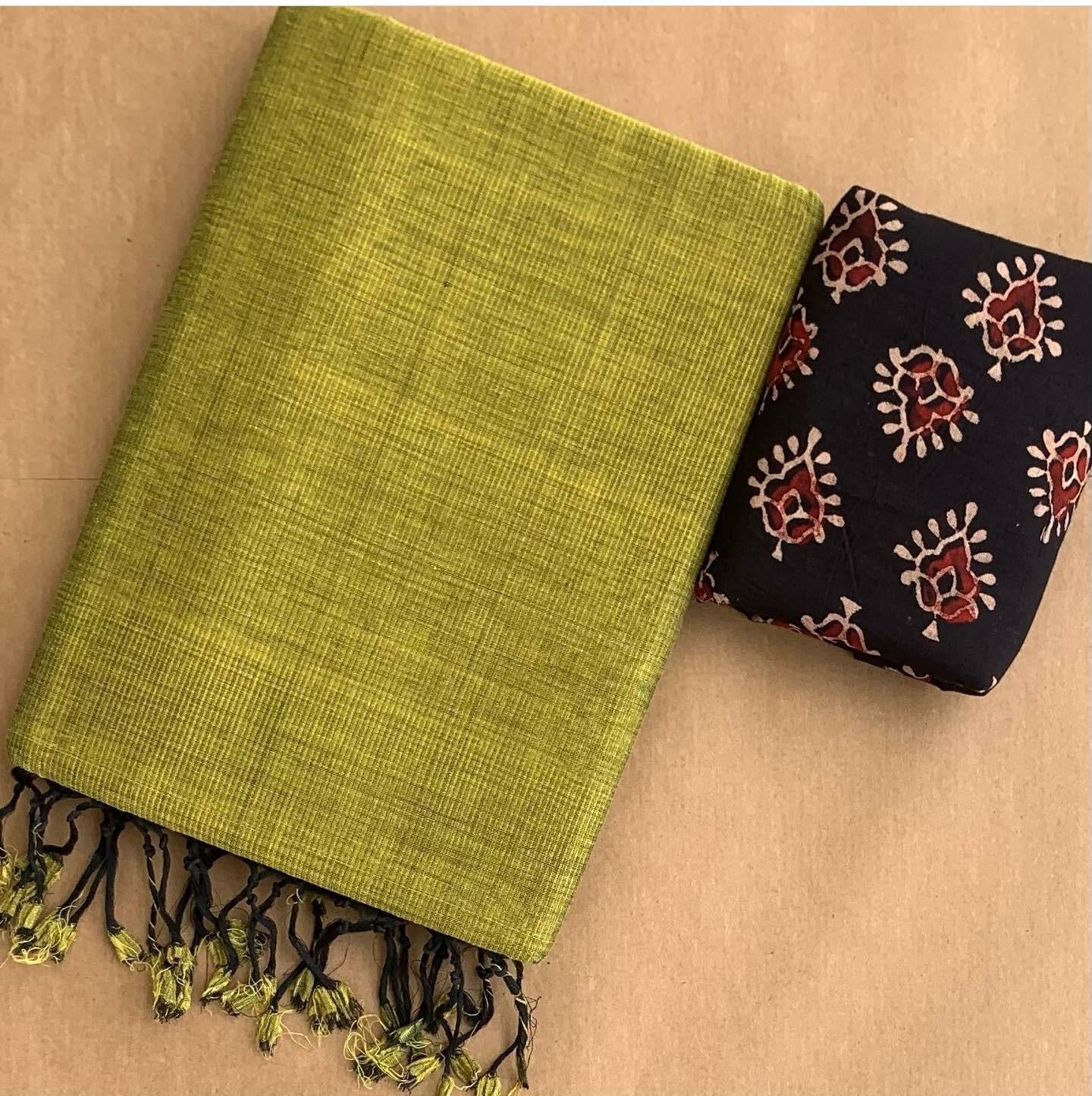 Solid Khadi cotton saree with contrast kalamkari/ajrak blouse piece