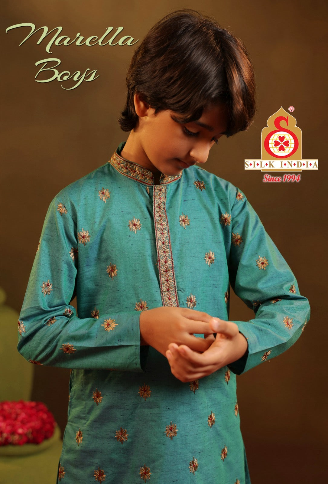 Silk  Embroidered Kurta Pajama Set For Boys
