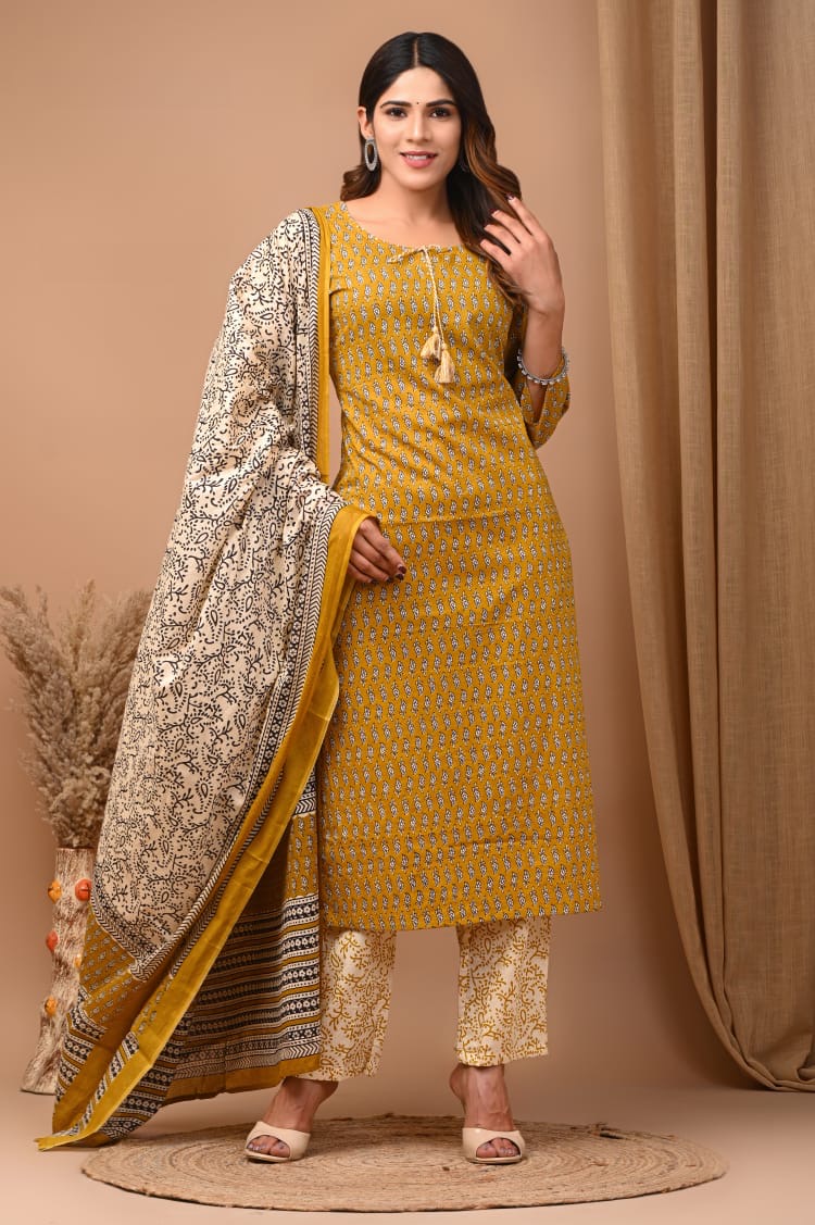 Mustard  cotton printed kurti set
