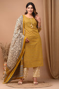 Mustard  cotton printed kurti set