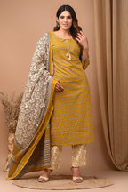 Mustard  cotton printed kurti set