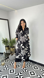 Black White Floral Printed Cotton Kurti Plazoo Set