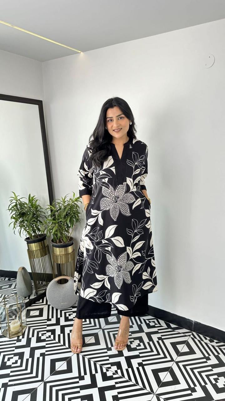Black White Floral Printed Printed Cotton Kurti Plazoo Set
