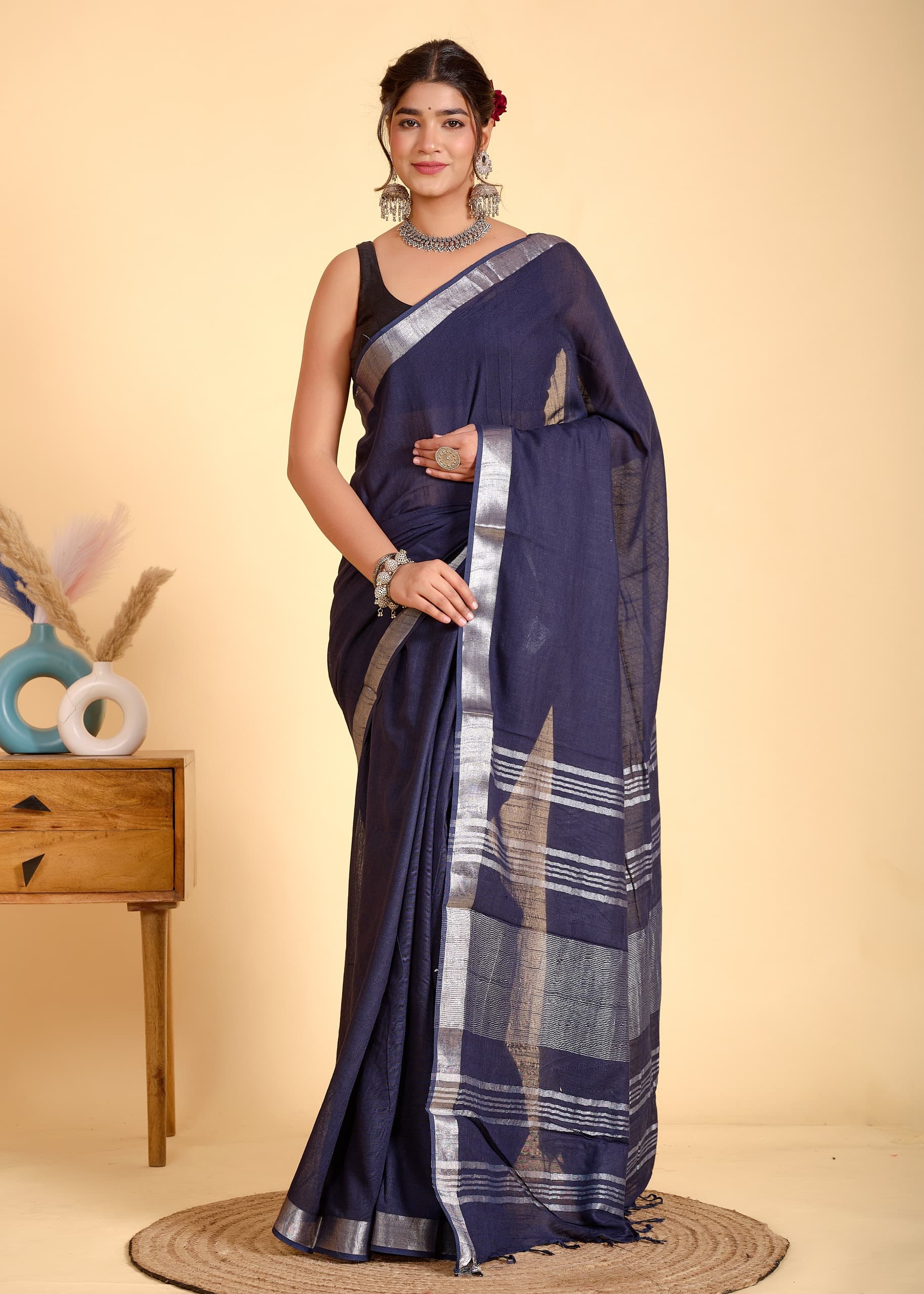 Navy Blue Linen Saree With Silver Border & Blue and white Tassels