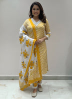 Pure Cotton Printed Lace Embroidered  Kurti Set