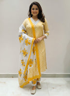 Pure Cotton Printed Lace Embroidered  Kurti Set