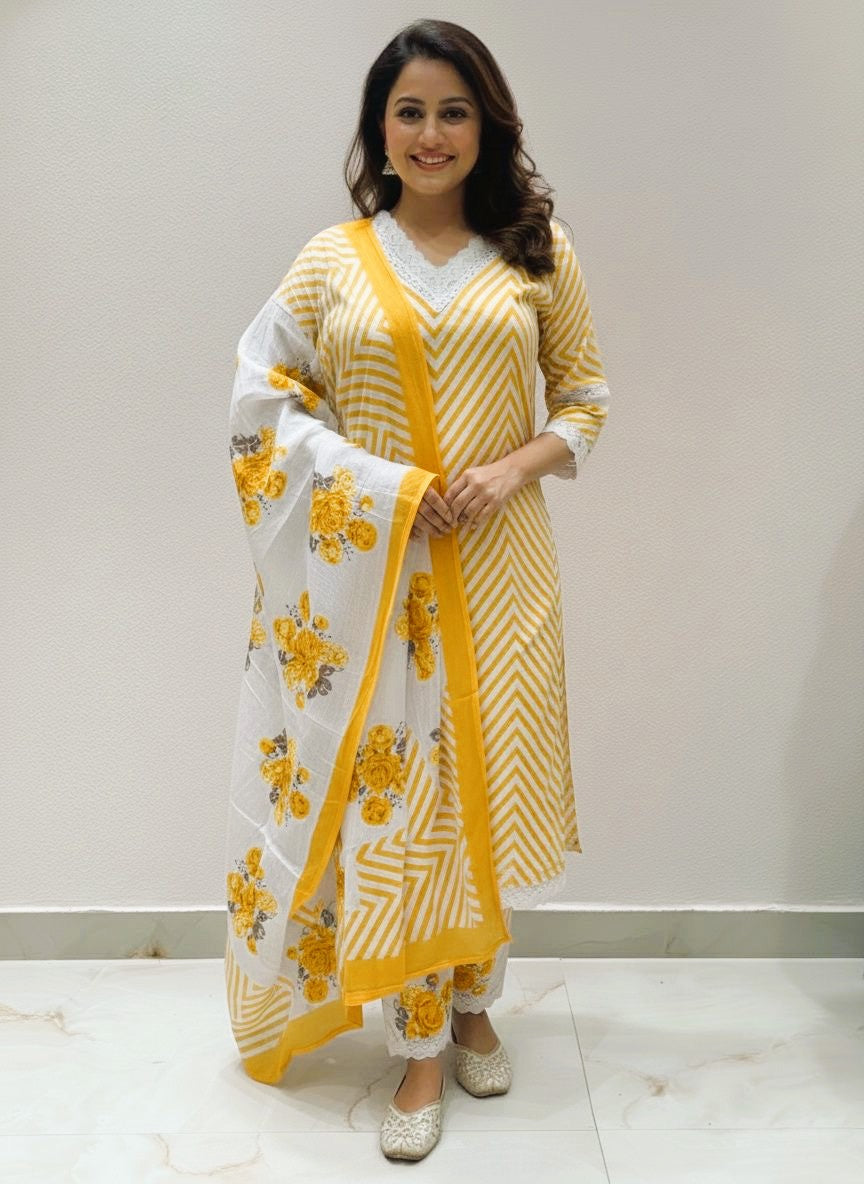 Pure Cotton Printed Lace Embroidered  Kurti Set