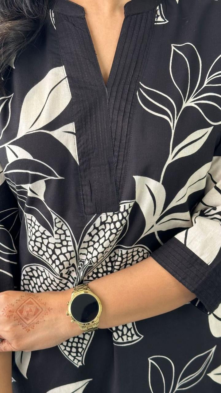 Black White Floral Printed Printed Cotton Kurti Plazoo Set