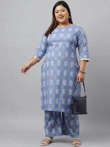 Blue & White Floral Printed Pure Cotton Kurta with Palazzo