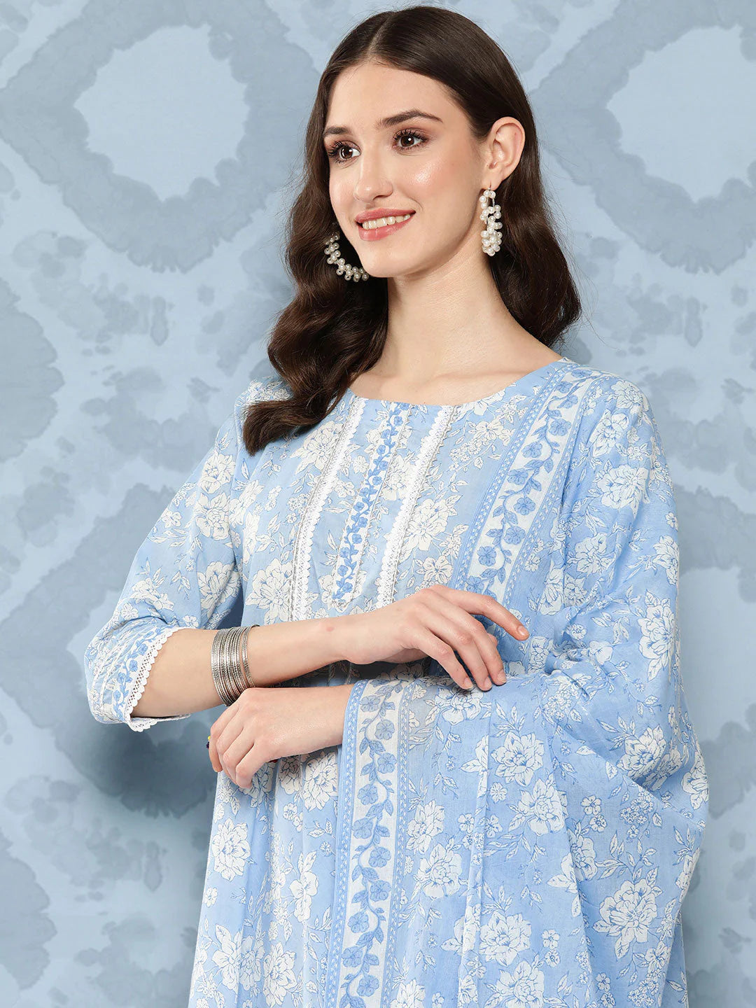 Blue & White Floral Printed Pure Cotton Flared Kurti With Pants & Dupatta