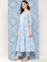 Load image into Gallery viewer, Blue &amp; White Floral Printed Pure Cotton Flared Kurti With Pants &amp; Dupatta
