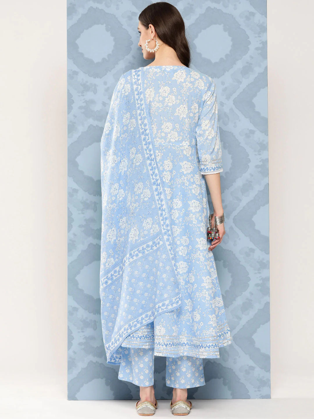 Blue & White Floral Printed Pure Cotton Flared Kurti With Pants & Dupatta