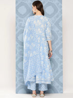 Load image into Gallery viewer, Blue &amp; White Floral Printed Pure Cotton Flared Kurti With Pants &amp; Dupatta
