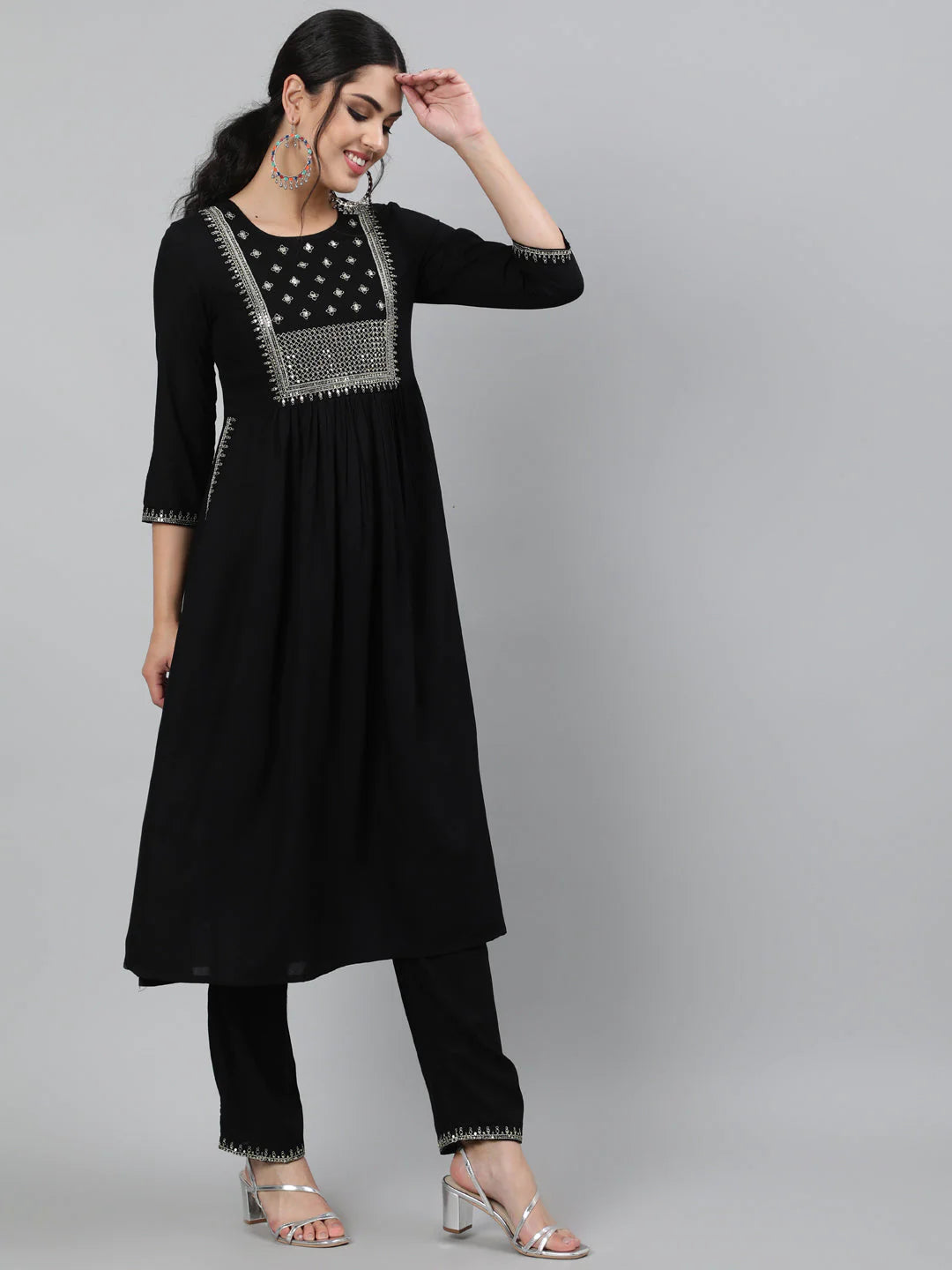 Solid Black  Rayon Naira Cut Kurti  With Pants Set
