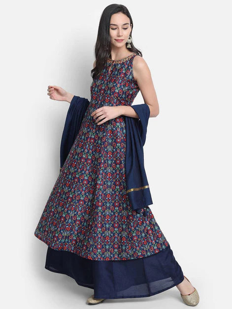 Blue Printed Kurta Palazzo with Dupatta set