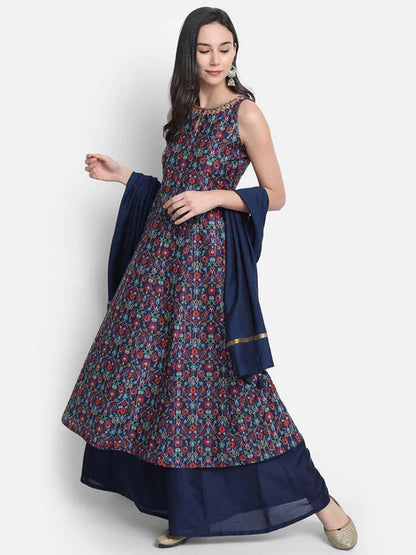 Blue Printed Kurta Palazzo with Dupatta set