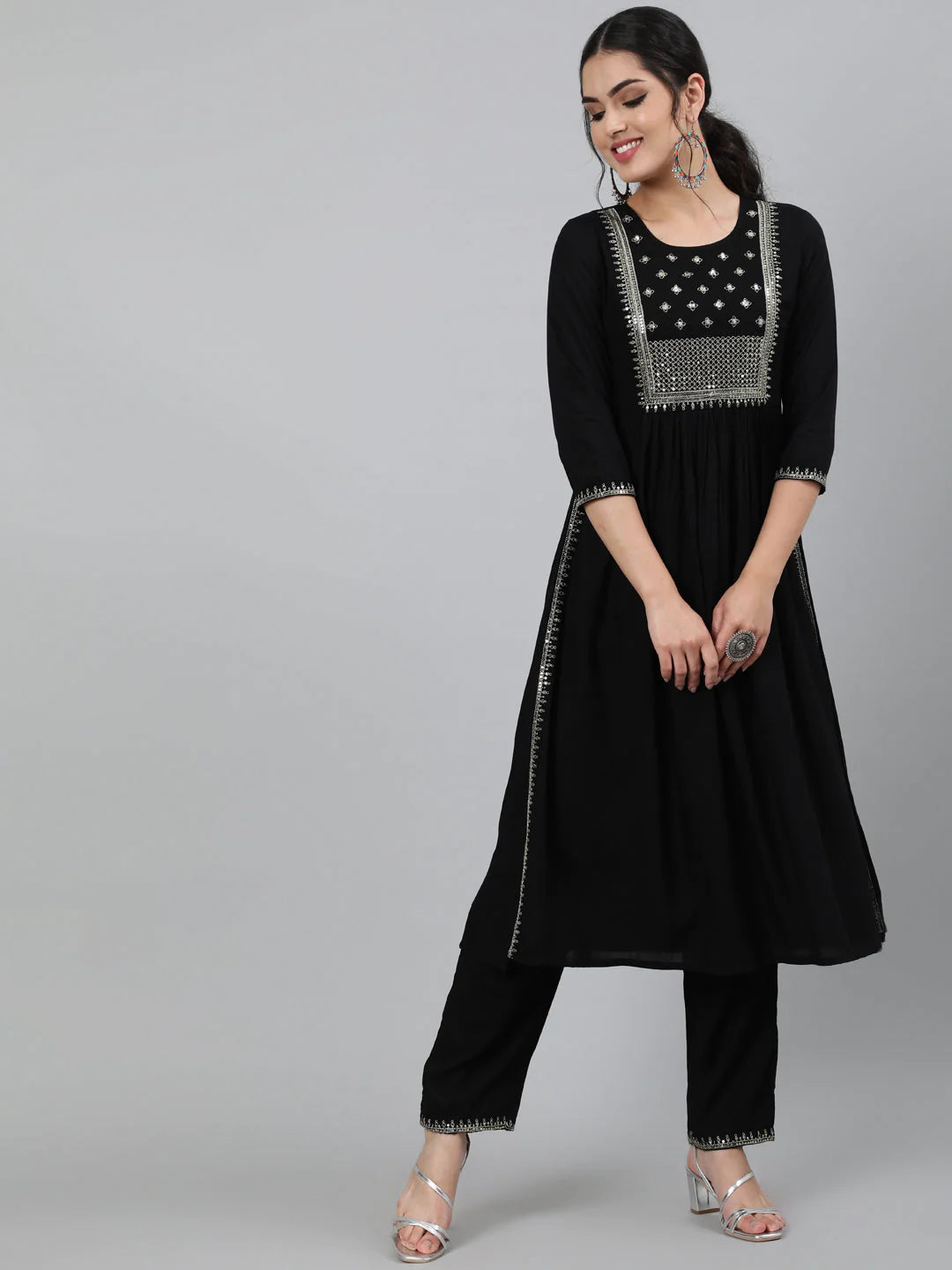 Solid Black  Rayon Naira Cut Kurti  With Pants Set