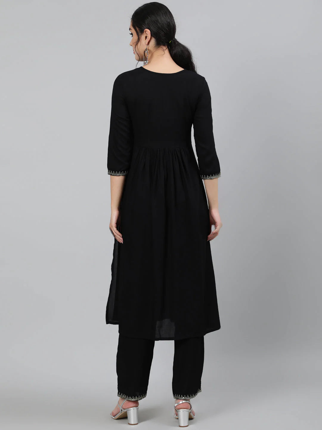 Solid Black  Rayon Naira Cut Kurti  With Pants Set