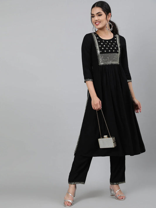 Solid Black  Rayon Naira Cut Kurti  With Pants Set