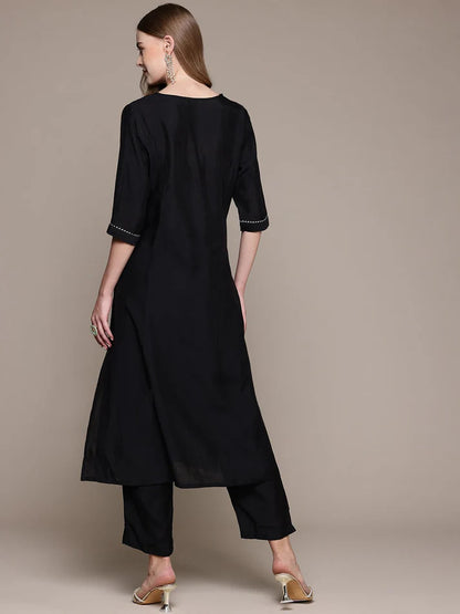 Black Silver Zari Embroidered Silk Kurti With Pants Set