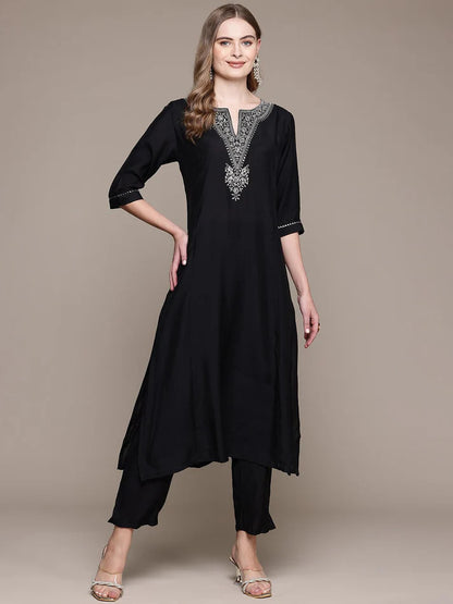 Black Silver Zari Embroidered Silk Kurti With Pants Set