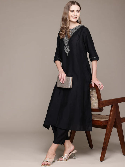 Black Silver Zari Embroidered Silk Kurti With Pants Set
