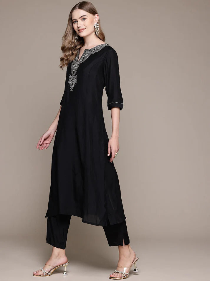 Black Silver Zari Embroidered Silk Kurti With Pants Set