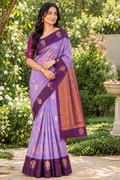Silver Copper Zari Woven Motifs & Stripes Semi Silk Saree with Contrast Border