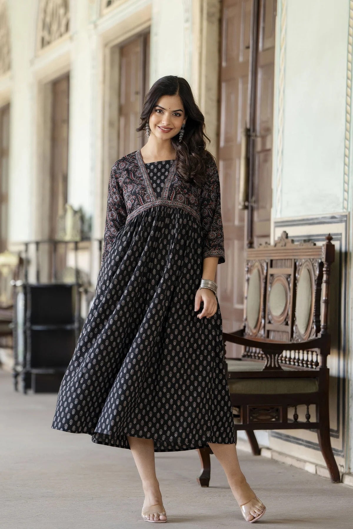Black Ethnic printed Cotton Dress
