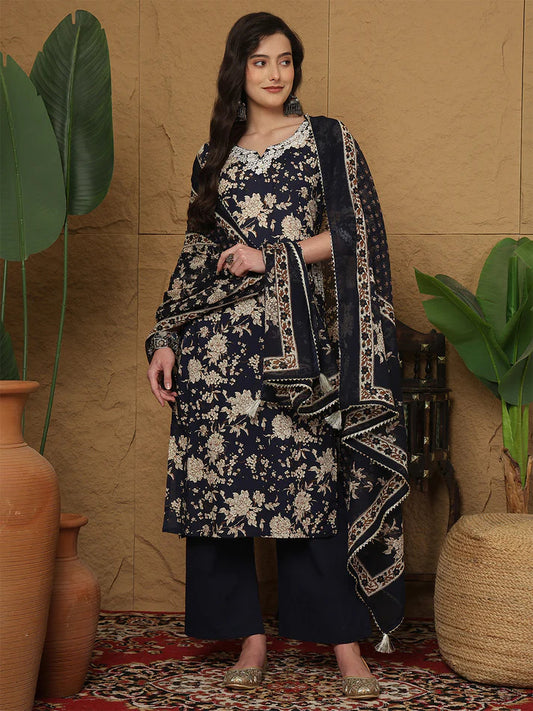 Blue Pure Cotton Printed Embroidered Kurti with palazo & Dupatta