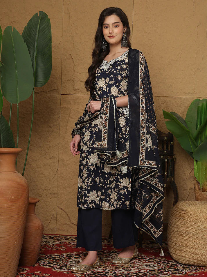 Blue Pure Cotton Printed Embroidered Kurti with palazo & Dupatta