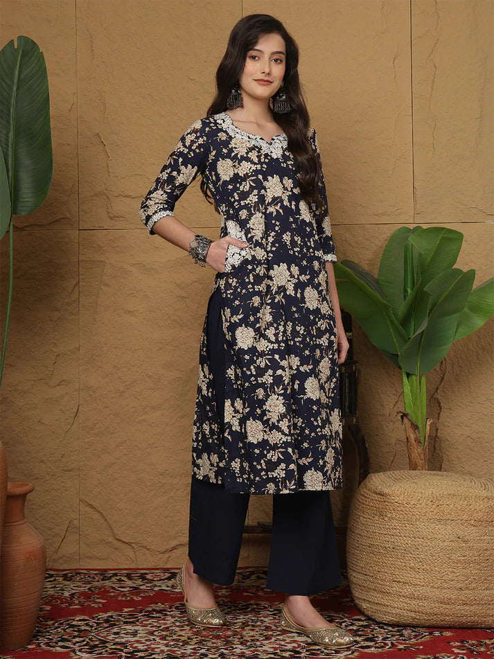 Blue Pure Cotton Printed Embroidered Kurti with palazo & Dupatta