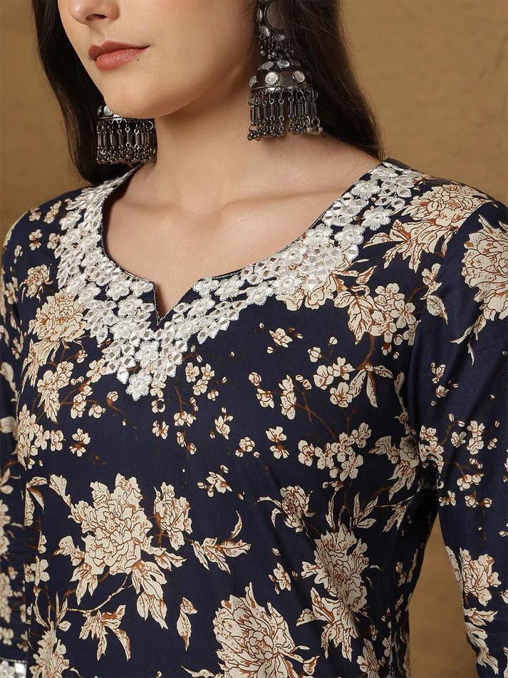 Blue Pure Cotton Printed Embroidered Kurti with palazo & Dupatta